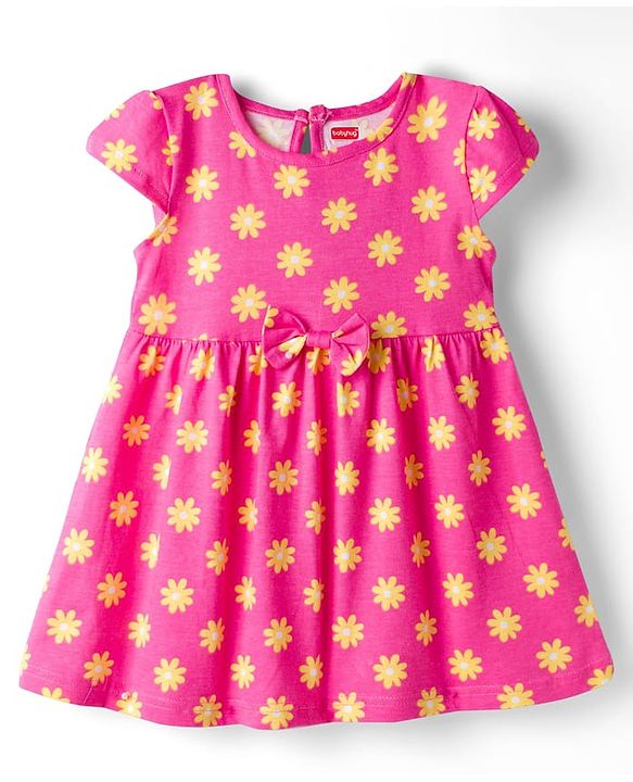 Babyhug Knitted Half Sleeves Floral Printed Frocks with Bow Applique Pack of 2 - Pink & Yellow