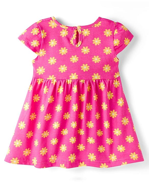 Babyhug Knitted Half Sleeves Floral Printed Frocks with Bow Applique Pack of 2 - Pink & Yellow