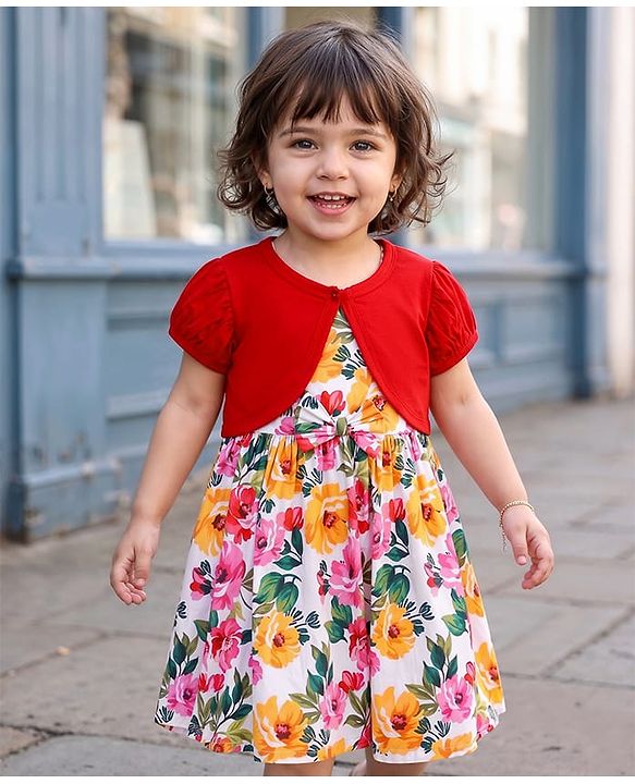 Babyhug Poplin Woven Frock & Half Sleeves Shrug with Floral Print - Multicolor