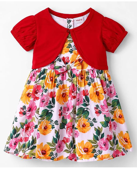 Babyhug Poplin Woven Frock & Half Sleeves Shrug with Floral Print - Multicolor