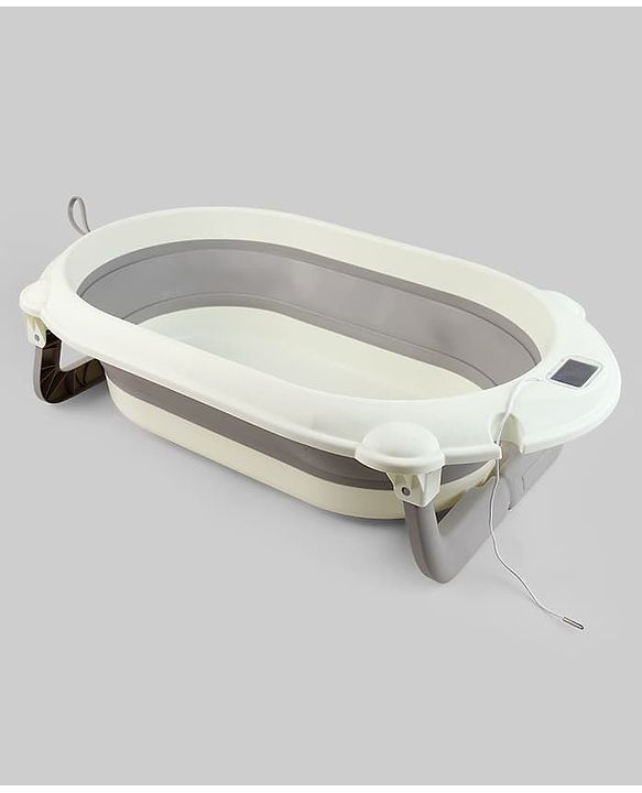 Babyhug Foldable Baby Bath Tub with Thermometer| Spacious Design| Anti-Slip Base| Drainage Plug| Temperature Gauge| Lightweight & Easy to Store| 0 to 24 Months - Grey