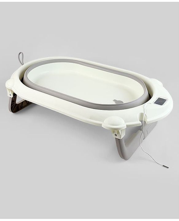Babyhug Foldable Baby Bath Tub with Thermometer| Spacious Design| Anti-Slip Base| Drainage Plug| Temperature Gauge| Lightweight & Easy to Store| 0 to 24 Months - Grey