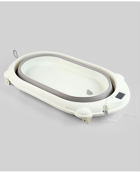 Babyhug Foldable Baby Bath Tub with Thermometer| Spacious Design| Anti-Slip Base| Drainage Plug| Temperature Gauge| Lightweight & Easy to Store| 0 to 24 Months - Grey