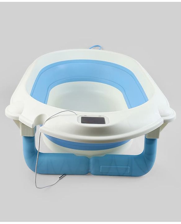 Babyhug Foldable Baby Bath Tub with Thermometer| Spacious Design| Anti-Slip Base| Drainage Plug| Temperature Gauge| Lightweight & Easy to Store| 0 to 24 Months - Grey