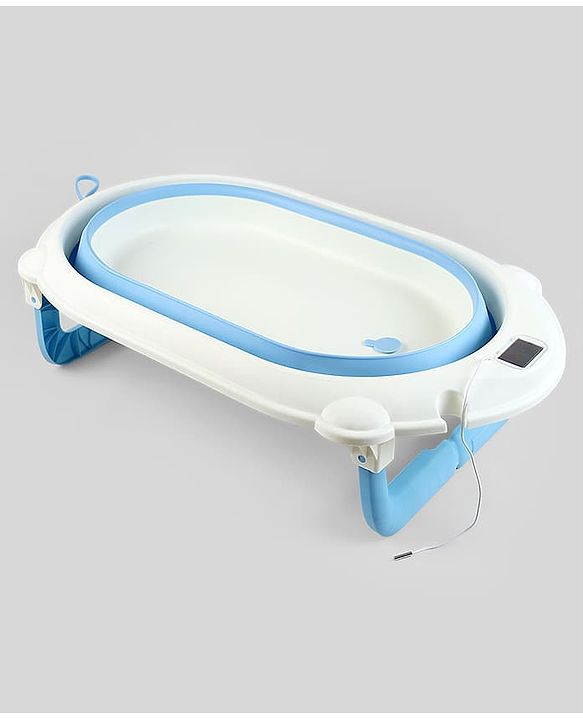 Babyhug Foldable Baby Bath Tub with Thermometer| Spacious Design| Anti-Slip Base| Drainage Plug| Temperature Gauge| Lightweight & Easy to Store| 0 to 24 Months - Grey