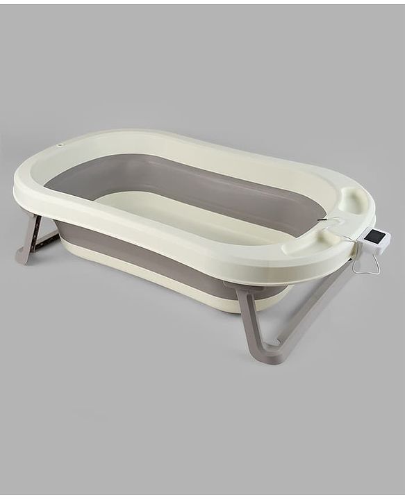 Babyhug Foldable Baby Bath Tub with Thermometer| Spacious Design| Anti-Slip Base| Drainage Plug| Temperature Gauge| Lightweight & Easy to Store| 0 to 24 Months - Grey