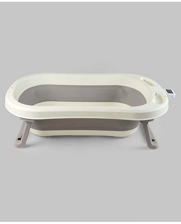 Babyhug Foldable Baby Bath Tub with Thermometer| Spacious Design| Anti-Slip Base| Drainage Plug| Temperature Gauge| Lightweight & Easy to Store| 0 to 24 Months - Grey