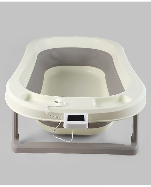 Babyhug Foldable Baby Bath Tub with Thermometer| Spacious Design| Anti-Slip Base| Drainage Plug| Temperature Gauge| Lightweight & Easy to Store| 0 to 24 Months - Grey