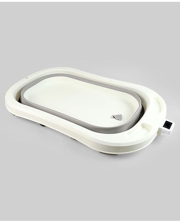 Babyhug Foldable Baby Bath Tub with Thermometer| Spacious Design| Anti-Slip Base| Drainage Plug| Temperature Gauge| Lightweight & Easy to Store| 0 to 24 Months - Grey