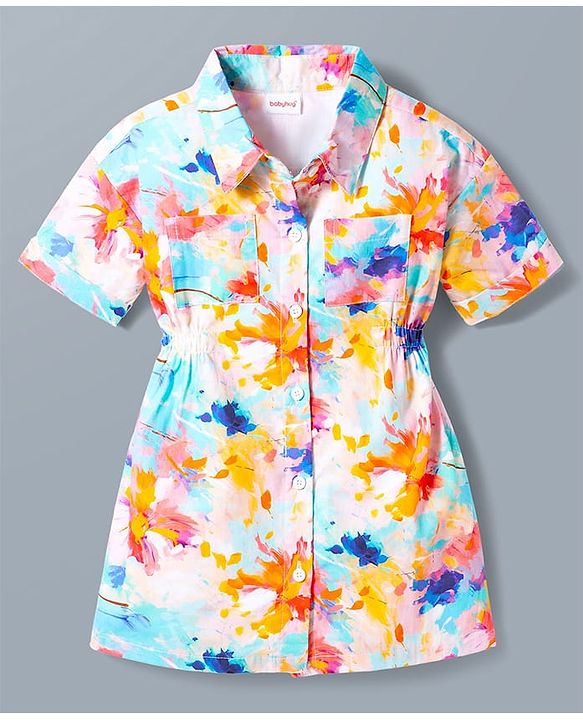 Babyhug Cotton Woven Half Sleeves Shirt Dress With Floral Print - Multicolor