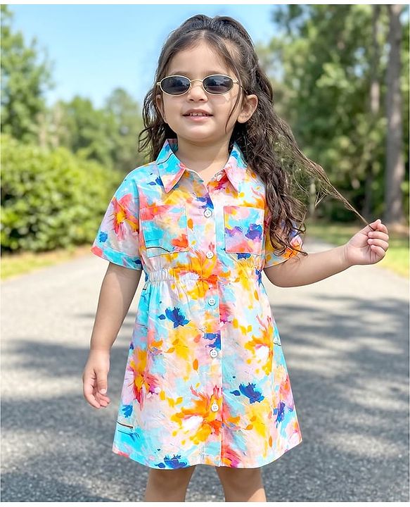 Babyhug Cotton Woven Half Sleeves Shirt Dress With Floral Print - Multicolor