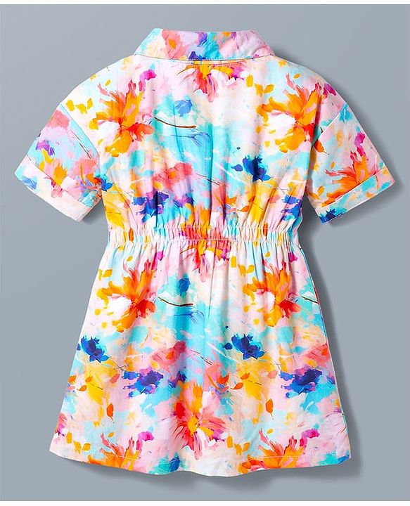 Babyhug Cotton Woven Half Sleeves Shirt Dress With Floral Print - Multicolor