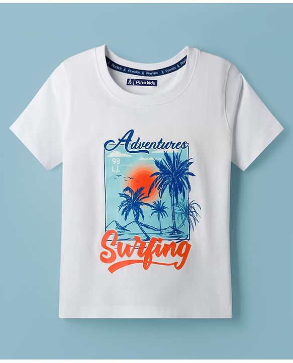 Pine Kids Cotton Knit Half Sleeves T-Shirt with Surfing Print - White