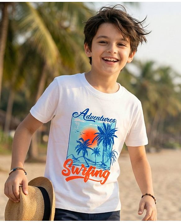 Pine Kids Cotton Knit Half Sleeves T-Shirt with Surfing Print - White