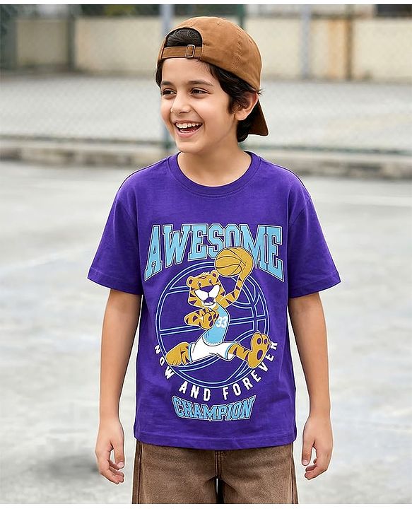 Pine Kids 100% Cotton Knit Half Sleeves Tiger Printed T-Shirt - Purple