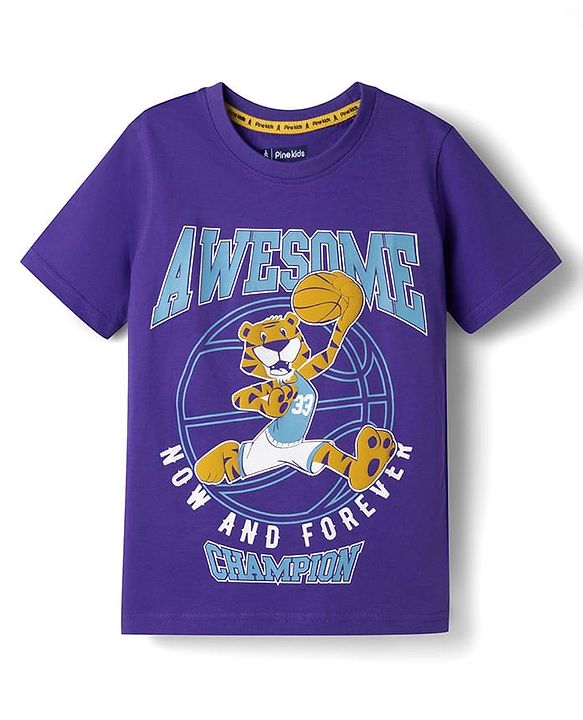 Pine Kids 100% Cotton Knit Half Sleeves Tiger Printed T-Shirt - Purple