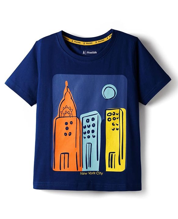 Pine Kids Cotton Knit Half Sleeves T-Shirt With NYC Print - Navy Blue