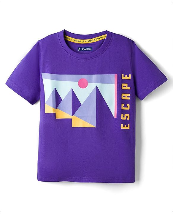 Pine Kids Cotton Knit Half Sleeves T-Shirt with Text Print - Purple