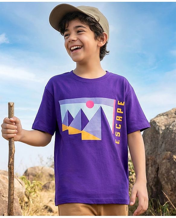 Pine Kids Cotton Knit Half Sleeves T-Shirt with Text Print - Purple