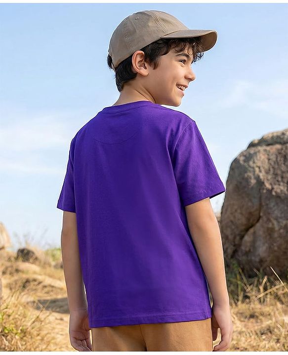 Pine Kids Cotton Knit Half Sleeves T-Shirt with Text Print - Purple