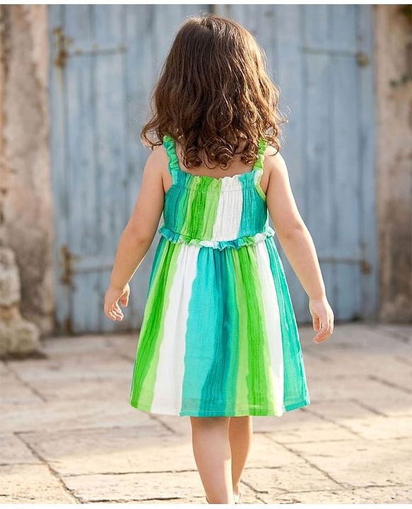 Babyhug Cotton Woven Sleeveless Striped A Line Frock - Green & Blue