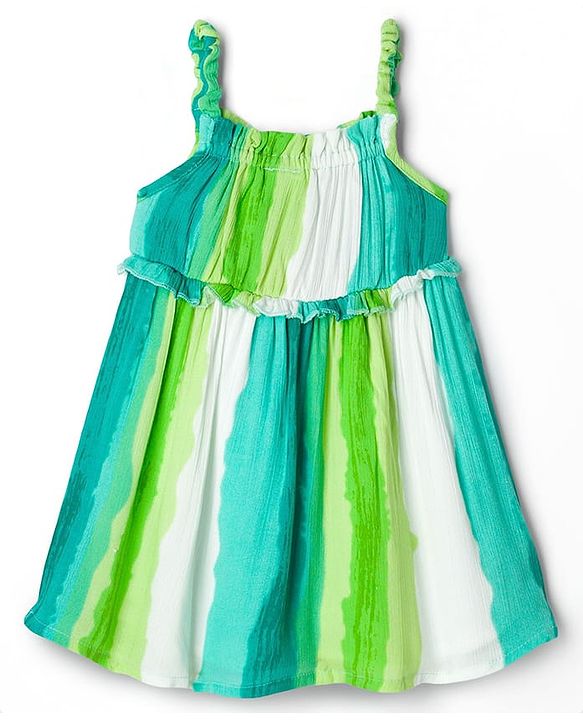 Babyhug Cotton Woven Sleeveless Striped A Line Frock - Green & Blue
