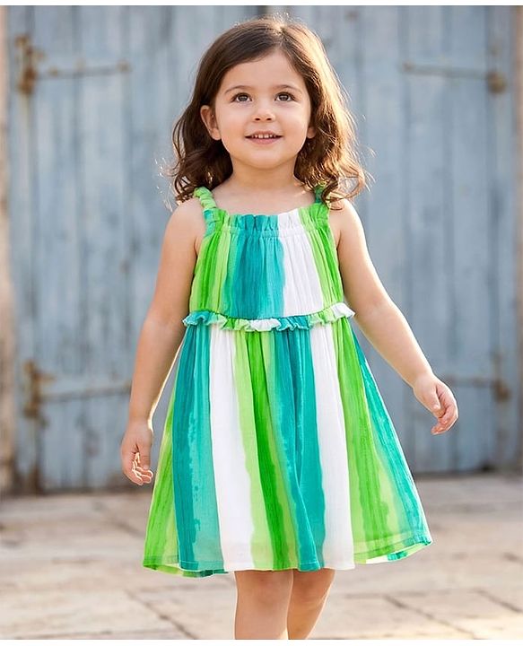 Babyhug Cotton Woven Sleeveless Striped A Line Frock - Green & Blue