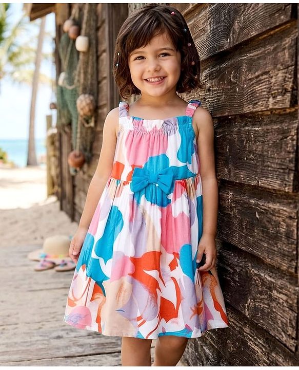 Babyhug Cotton Woven Flared Printed A Line Frock with Bow Applique - Blue & White