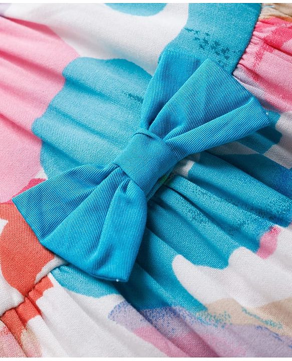 Babyhug Cotton Woven Flared Printed A Line Frock with Bow Applique - Blue & White