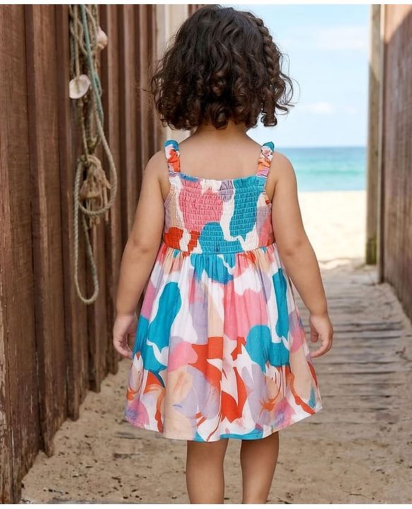 Babyhug Cotton Woven Flared Printed A Line Frock with Bow Applique - Blue & White