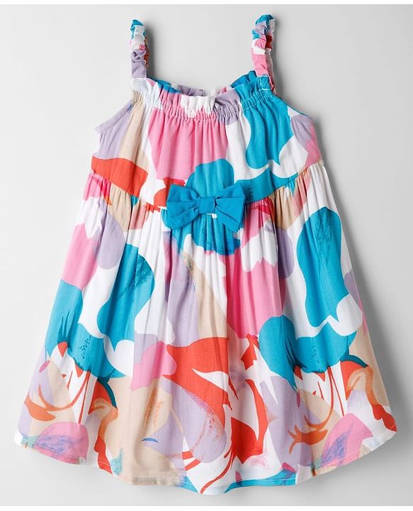 Babyhug Cotton Woven Flared Printed A Line Frock with Bow Applique - Blue & White
