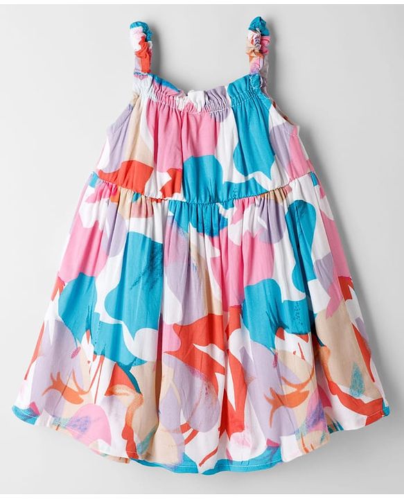 Babyhug Cotton Woven Flared Printed A Line Frock with Bow Applique - Blue & White