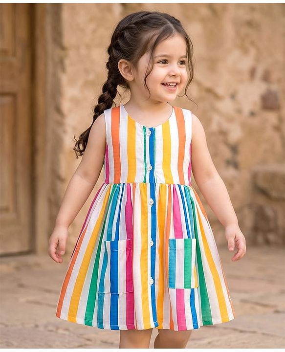 Babyhug 100% Cotton Woven Sleeveless Striped Frock - Multicolour
