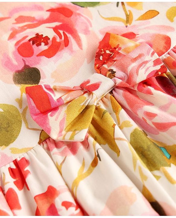 Babyhug Cotton Woven Sleeveless Frock with Floral Print & Bow Applique - Multicolor