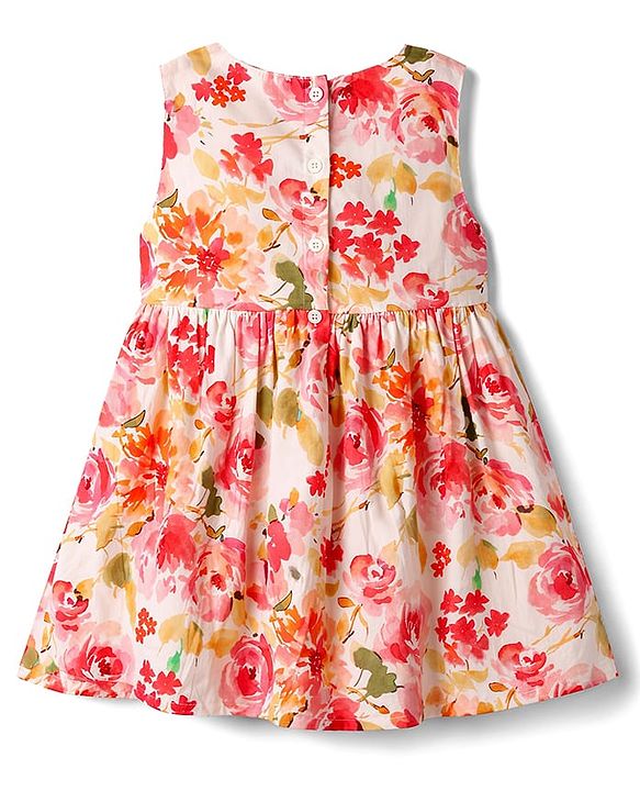 Babyhug Cotton Woven Sleeveless Frock with Floral Print & Bow Applique - Multicolor