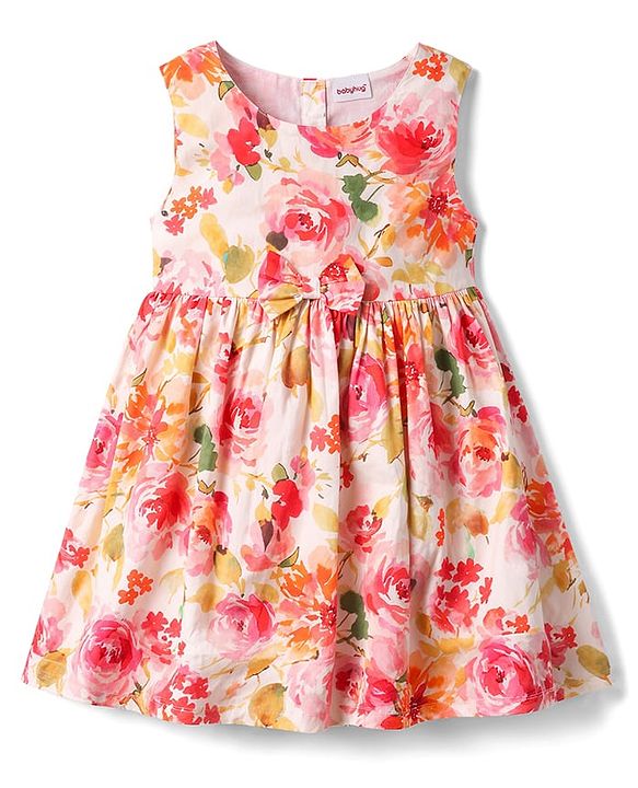 Babyhug Cotton Woven Sleeveless Frock with Floral Print & Bow Applique - Multicolor