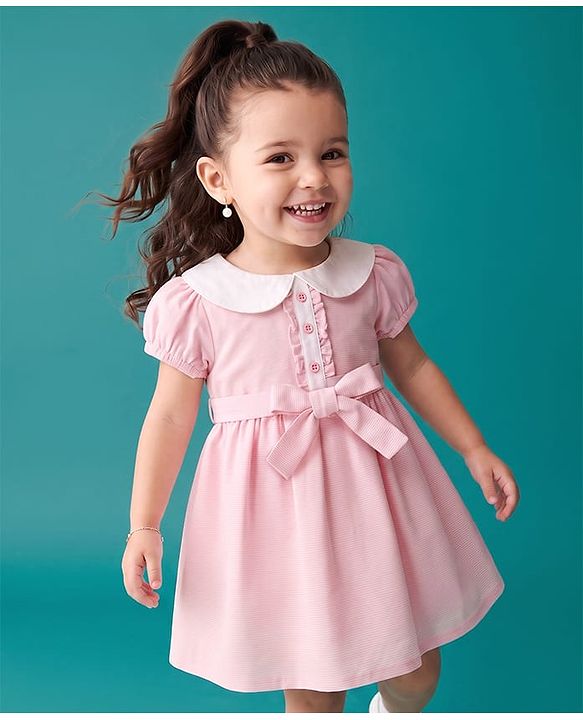 Babyhug Cotton Woven Dress with Short Sleeves and Bow Detail in Pink for 6-9 Months