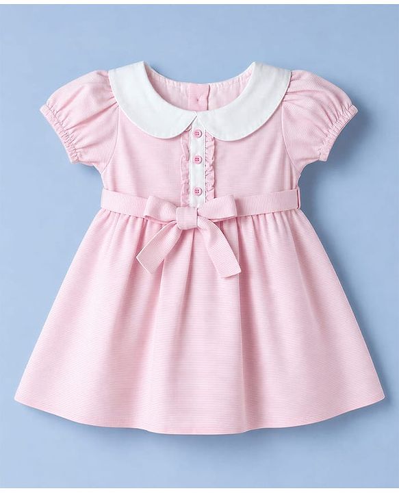Babyhug Cotton Woven Dress with Short Sleeves and Bow Detail in Pink for 6-9 Months