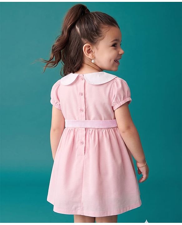 Babyhug Cotton Woven Dress with Short Sleeves and Bow Detail in Pink for 6-9 Months