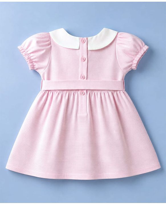 Babyhug Cotton Woven Dress with Short Sleeves and Bow Detail in Pink for 6-9 Months