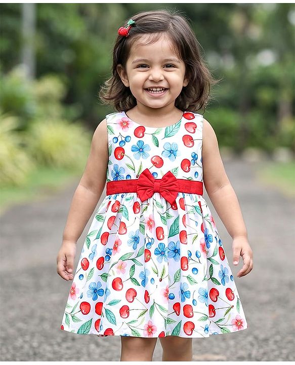 Babyhug Poplin Woven Sleeveless Frock With Floral Print & Bow Applique - White