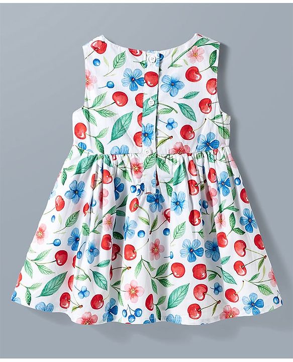 Babyhug Poplin Woven Sleeveless Frock With Floral Print & Bow Applique - White