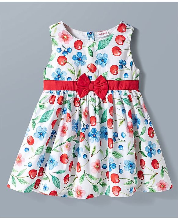 Babyhug Poplin Woven Sleeveless Frock With Floral Print & Bow Applique - White