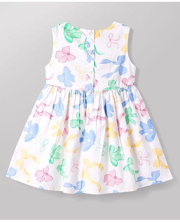 Babyhug Poplin Woven Sleeveless Frock With Bow Print & Applique - White