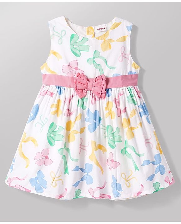 Babyhug Poplin Woven Sleeveless Frock With Bow Print & Applique - White