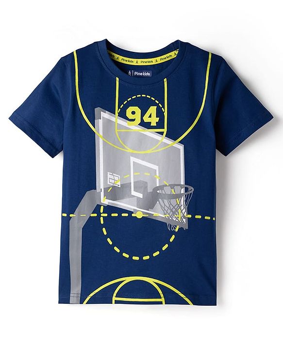 Pine Kids Cotton Knit Half Sleeves T-Shirt With Basketball Print - Navy Blue