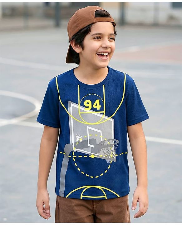 Pine Kids Cotton Knit Half Sleeves T-Shirt With Basketball Print - Navy Blue