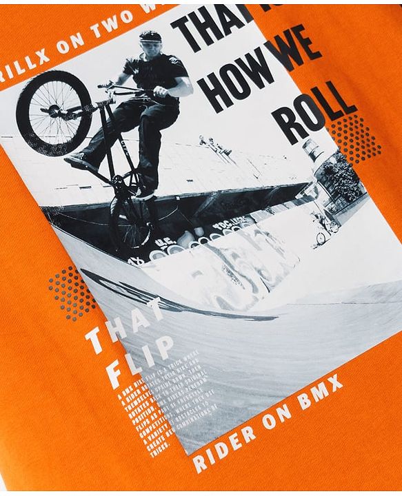 Pine Kids Cotton Knit Half Sleeves T-Shirt With BMX Print - Rust Orange