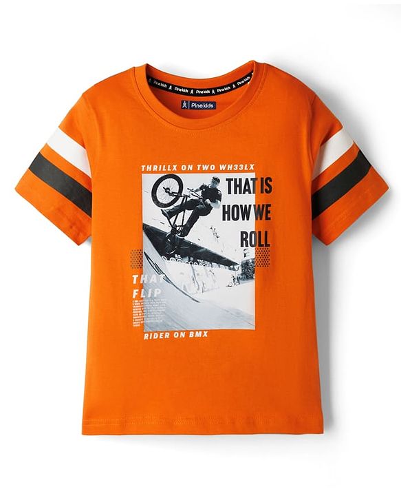 Pine Kids Cotton Knit Half Sleeves T-Shirt With BMX Print - Rust Orange
