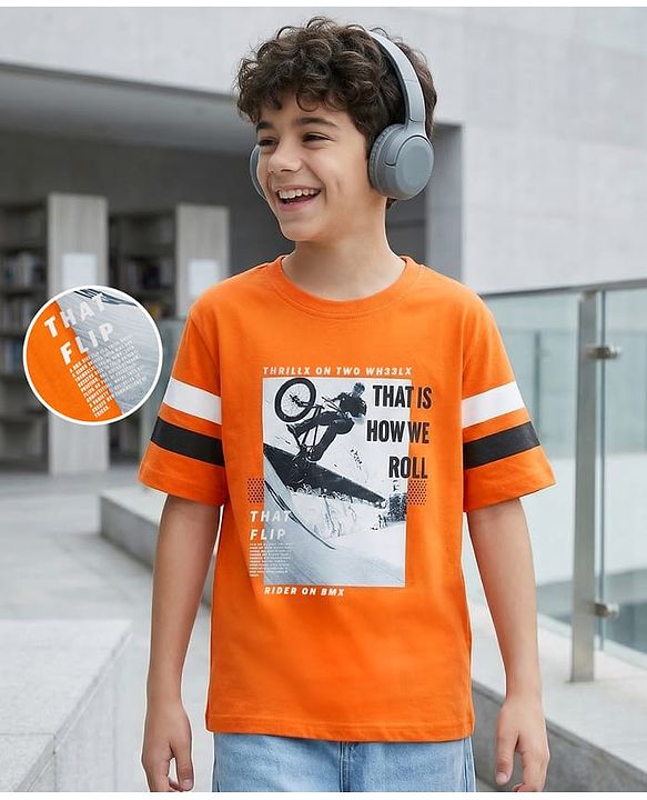 Pine Kids Cotton Knit Half Sleeves T-Shirt With BMX Print - Rust Orange
